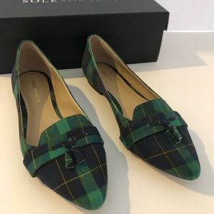 So-Celia green plaid flats.